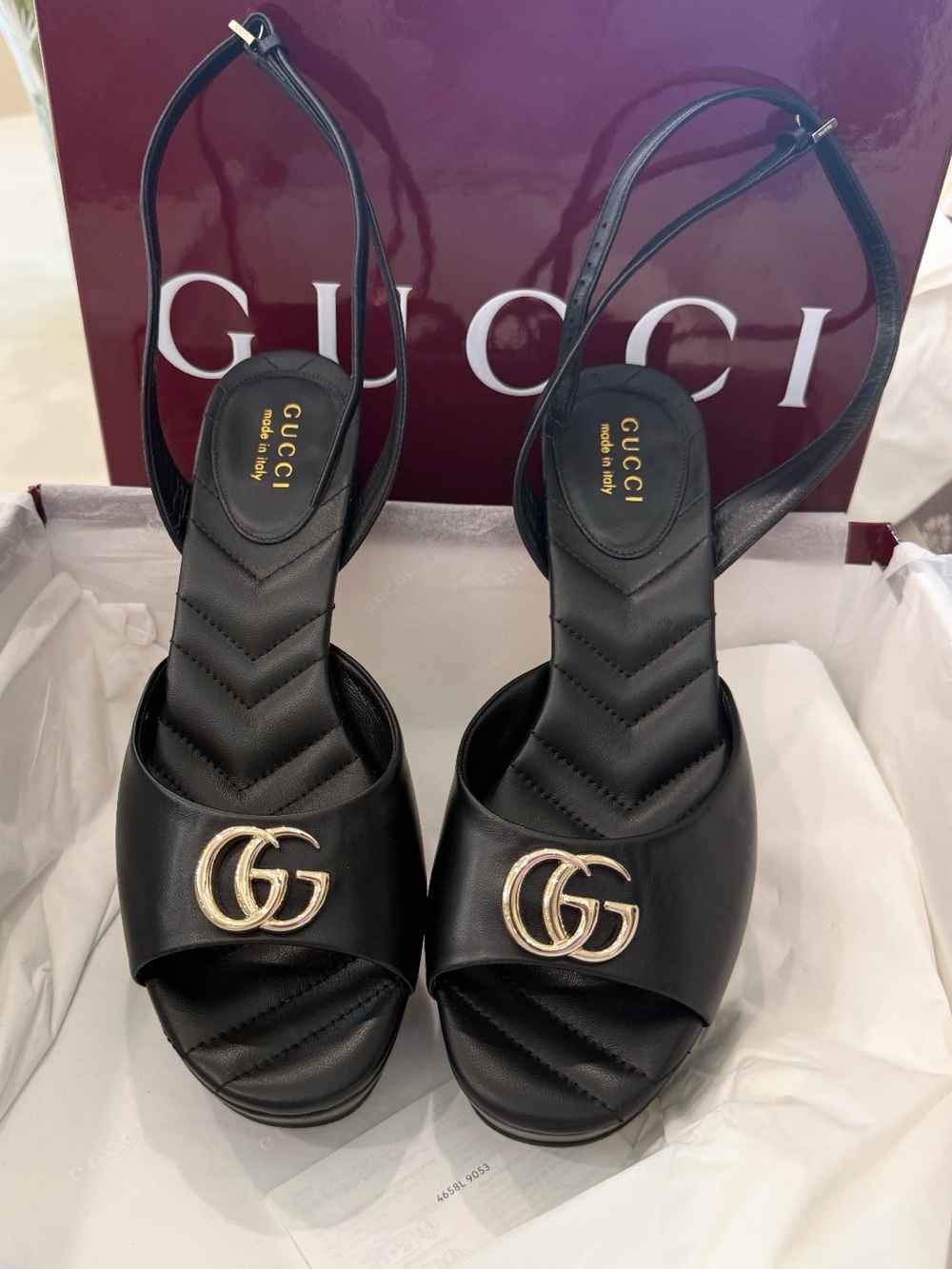 Gucci Black Leather Open-Toe Slingback Sandals with Gold GG